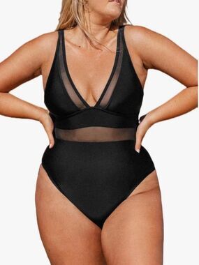 CUPSHE Plus Size One Piece Swimsuit V Neck Mesh Sheer Tummy Control Bathing NWT